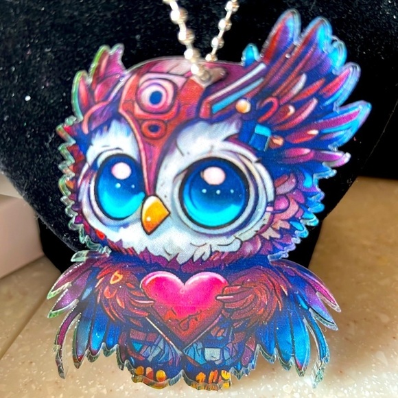 Cute Owl Window/Car Hanger, bright color, 3” X 3” with chain “hang length” 8” - Picture 2 of 2
